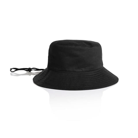 A black wide brim bucket hat featuring a chin strap and a logo on the side.