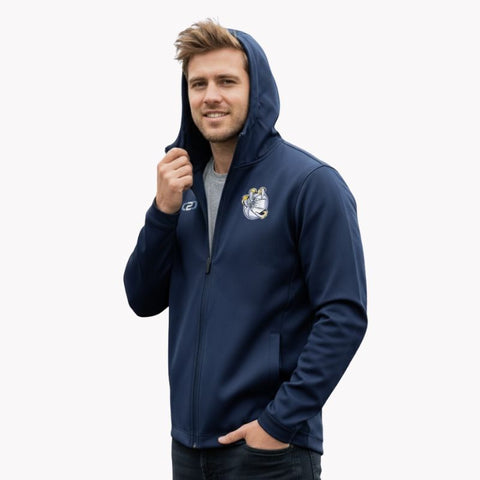 Man smiling in a navy blue C2C Glide SlimFit HP Tech zip hoodie with his left hand in the pocket on a white background.
